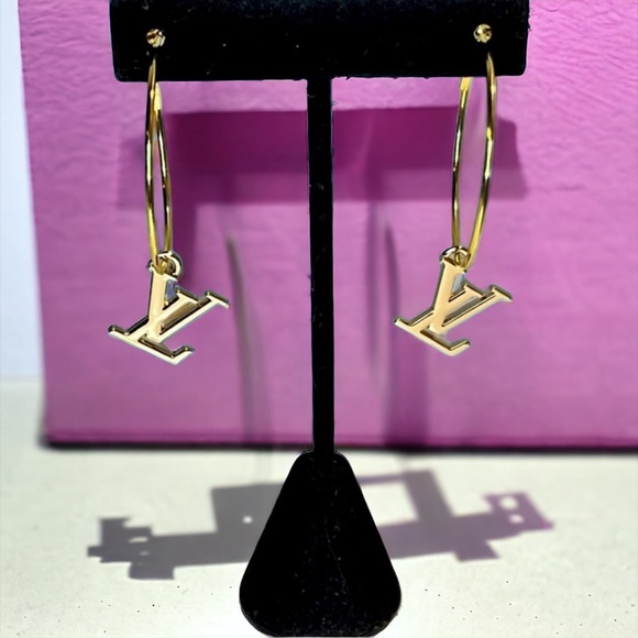 Upcycled Gold LV Louis Vuitton Stamped Charm Hoop Earrings - Picture 1 of 7